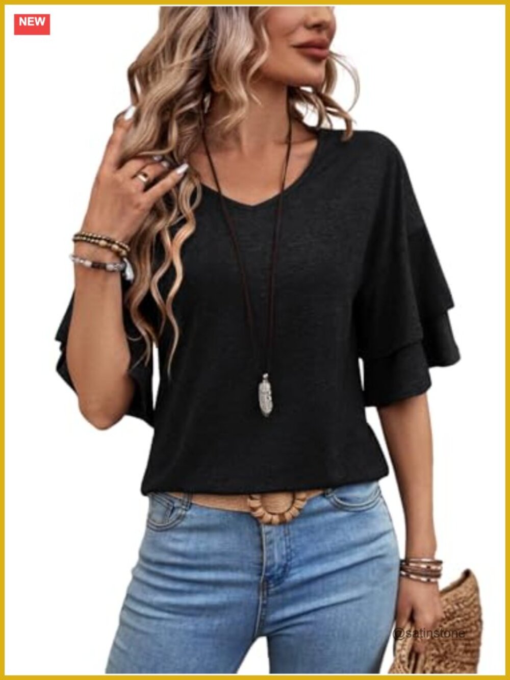 Women's Ruffle 3/4 Sleeve V-Neck Blouse Dressy Casual Top